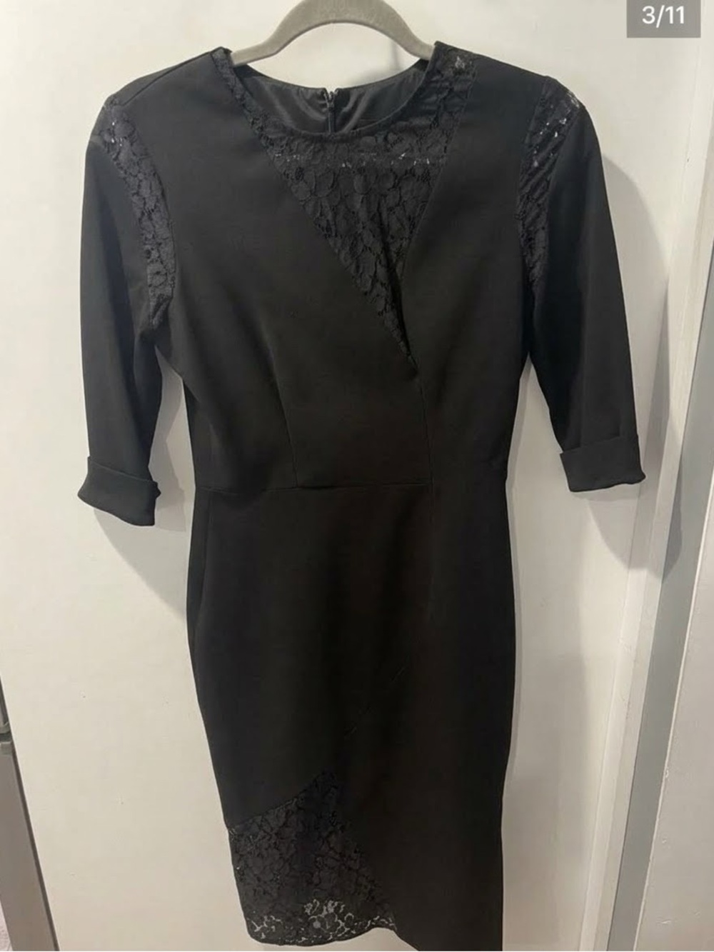 Black Halo Lace Panel Sheath Midi Dress Size 6 3/4 Sleeve Cocktail Style 208308